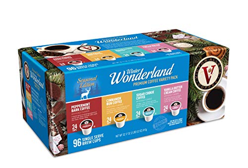 Book Cover Victor Allen 96 Count Single Serve Cup Winter Wonderland Coffee Variety Pack of Peppermint Bark, Cinnamon Bun, Sugar Cookie, & Vanilla Butter Cream (Compatible with 2.0 Keurig Brewers)