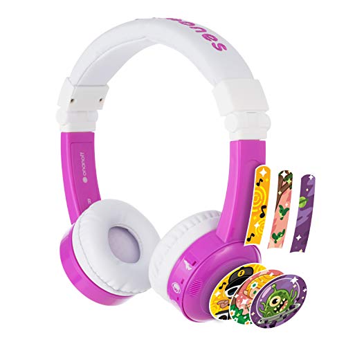 BuddyPhones Inflight, Volume-Limiting Kids Headphones, 3 Volume Settings of 75, 85 and 94db, Includes Travel Mode, Perfect for Airplanes, Trains and Cars- Built-in Audio Sharing Cable, Purple
