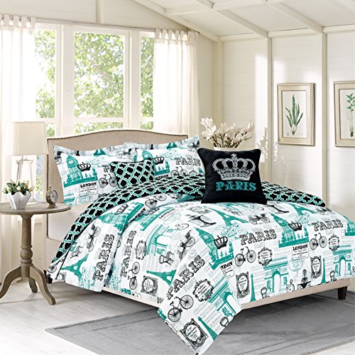 HowPlumb Bedding Twin 4 Piece Girls Comforter Bed Set, Paris Eiffel Tower London, Teal Blue