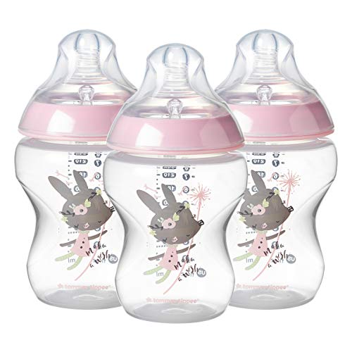 Tommee Tippee Closer to Nature Baby Bottle Decorated Pink, Anti-Colic Valve, Breast-Like Nipple for Natural Latch, Slow Flow, BPA-Free - 0+ Months, 9 Ounce, 3 Count (Design May Vary)