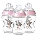 Tommee Tippee Closer to Nature Baby Bottle Decorated Pink, Anti-Colic Valve, Breast-Like Nipple for Natural Latch, Slow Flow, BPA-Free - 0+ Months, 9 Ounce, 3 Count (Design May Vary)