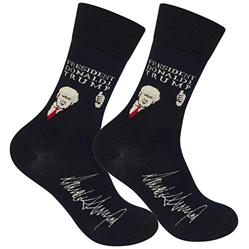 FUNATIC President Donald Trump Crew Socks with Signature | Unisex Conservative Gift with White Text | Best Republican GOP Message | Holiday Party Day Apparel Present for Men Women | One Size Fits Most