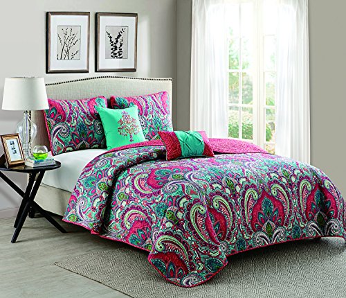 Book Cover VCNY Home | Casa Real Collection | Soft Microfiber Paisley Reversible Quilt Bedspread, Premium 5 Piece Bedding Set, Stylish Retro Design for Home DÃ©cor, King, Coral
