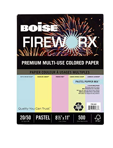 BOISE FIREWORX Premium Multi-Use Colored Paper, 8.5" x 11" Letter, Popper Mix- 5 Assorted Colors, 20 lb., 5 Ream Carton (2,500 Sheets)