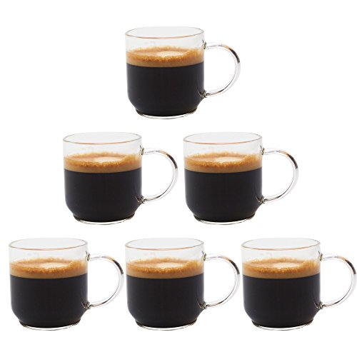 Zenco 4 oz (125ml) Espresso Coffee Glass Cups with Large Handle (Set of 6) - Perfect size for Nespresso Lungo, Single/Double Espresso, Juice or Sake