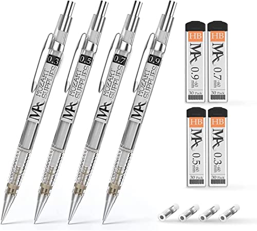 MozArt Aesthetic Mechanical Pencil Set of 12-0.3, 0.5, 0.7 & 0.9 mm with 30 HB Mechanical Pencils with Eraser & Lead Refills - Drafting, Sketching, Illustrations, Architecture Writing & School Work Clear