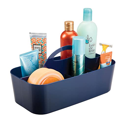 mDesign Plastic Divided Shower Organizer Basket Caddy Tote with Handle - Storage for Bathroom or Dorm - Holds Hand Soap, Shampoo, Sponges, Scrubs, and Body Wash - Lumiere Collection, Navy Blue