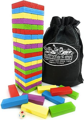 "Matty's Mix-Up" Colorful Wooden Deluxe Stacking Game Comes with 60 Color Wood Blocks, 1 Dice & Storage Bag!