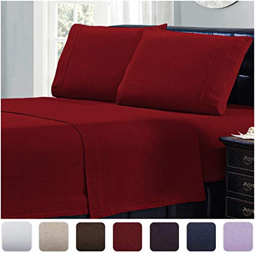 Mellanni 100% Cotton Flannel Sheet Set - Lightweight 4 pc Luxury Bed Sheets - Cozy, Soft, Warm, Breathable Bedding - Deep Pockets - All Around Elastic (Cal King, Burgundy)