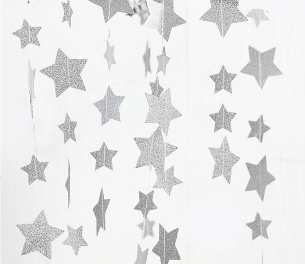 Book Cover Fecedy Sparkling Star Garland Bunting for Birthday Wedding Engagement Bridal Shower Baby Shower Bachelorette Holiday Celebration Party Decorations 13 feet (Silver)