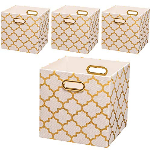 Posprica Collapsible Storage Cubes Bin Boxes Containers Drawers Organizer Baskets with Metal Handles for Toy,Clothes,Laundry (4, White lantern print)