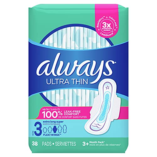 Book Cover Always Ultra Thin Pads Size 3 Extra Long Super Absorbency Unscented with Wings, 38 Count