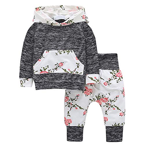 Baby Girls Long Sleeve Flowers Hoodie Top and Pants Outfit with Kangroo Pocket (0-6M/Tag 70, Grey)