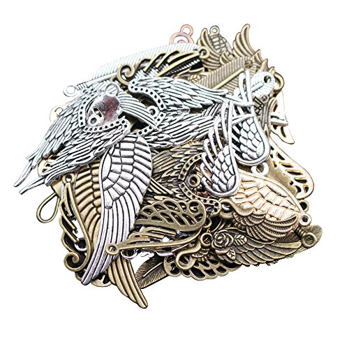 LAOZHOU 100 Gram Assorted Antique Feather and Wing Charms Pendant Bracelet Necklace Earrings Crafting DIY Jewelry Making Accessory