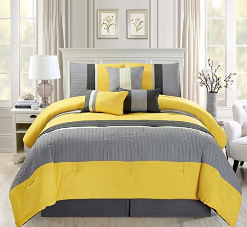 Book Cover Modern 7 Piece Oversize Yellow/Grey/White Pin Tuck Stripe Comforter Set Full Size Bedding with Accent Pillows