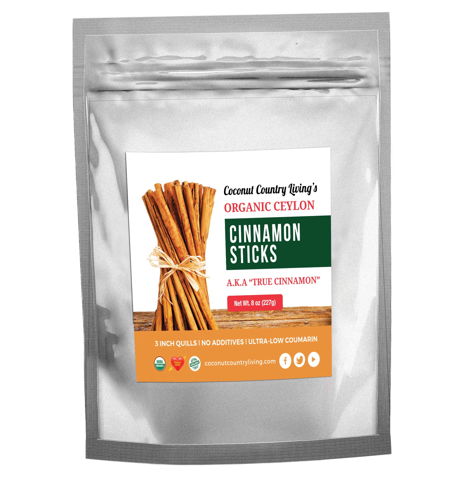 Organic Ceylon Cinnamon Sticks - Fair Trade Whole 3" Quills of Authentic Sweet Sri Lanka Cinnamon sticks- For Tea and Baked Goods, Gluten Free, Non-GMO, w/ eBook - 8 oz 8 Ounce (Pack of 1)