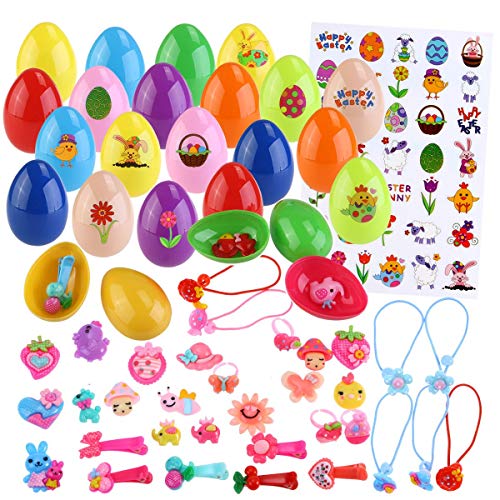 36 Prefilled Easter Eggs, Toys Filled Easter Eggs for Girls Kids with 36 Different Toys (Hair Ties, Hair Clips, Headband, etc) & Sticker, Easter Basket Stuffers Easter Egg Hunt Game Party Favors