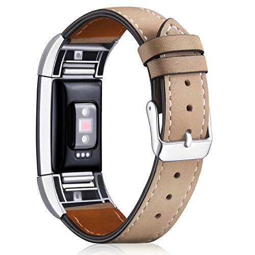 Mornex Replacement Leather Band Compatible with Fitbit Charge 2, Classic Genuine Leather Wristband for Men Women(Light Brown-Silver Buckle)