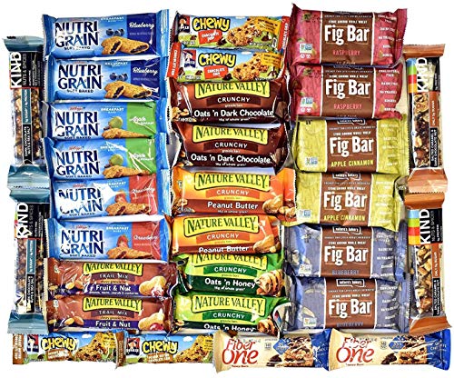 Snack Variety Pack, Healthy Bars Sampler & Care Package in a Blue Ribbon Gift Box (30 Counts) College Students Military Women Men Adult Kid Teens