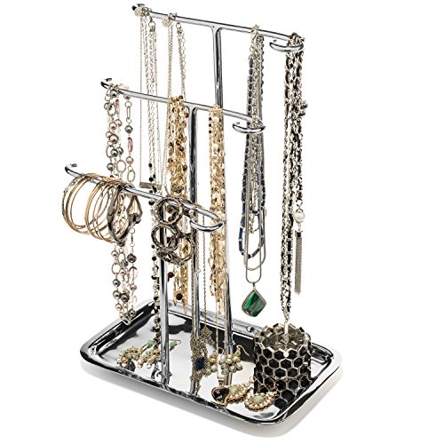 Jewelry Tree Necklace Holder Stand Tabletop Organizer Bracelet Hanger Tower Three Tier Display Ring Tray Silver Finish GAR599