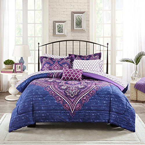 Book Cover Mainstays Teens' Grace Purple Floral Reversible Medallion Bedding Twin/Twin XL Comforter Sets for Girls (6 Piece in a Bag)