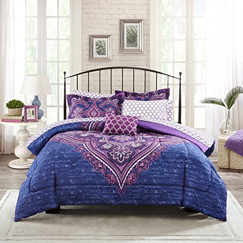 Mainstays Teens' Grace Purple Floral Reversible Medallion Bedding Twin/Twin XL Comforter Sets for Girls (6 Piece in a Bag)