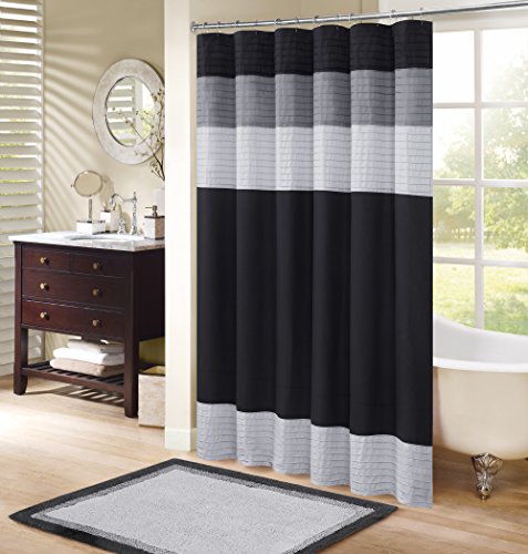 Comfort Spaces Windsor Bathroom Shower Pieced Ruffle Pattern Modern Elegant Microfiber Fabric Bath Curtains, 72"x72", Black Grey