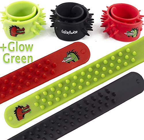 Fidget Toys for Sensory Kids - Dragon & Dinosaur Soft Silicone Spike Slap Bracelets - Stress Relief Toys for Focus, Calm and Fun in Red, Black and Glow Green