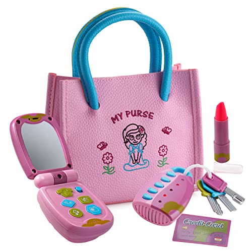 Dress Up America Pretend Play Princess Set for Girls with Handbag, Flip Phone, Light Up Remote with Keys, Play Lipstick & Kids Credit Card â€“Educational Toy for Fun