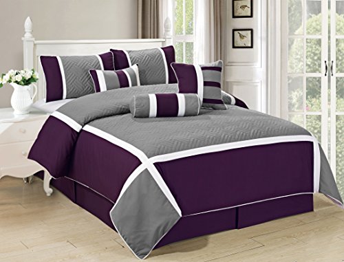 Book Cover All American Collection New 7 Piece Embroidered Over-Sized Comforter Set (Cal King, Purple/Grey)