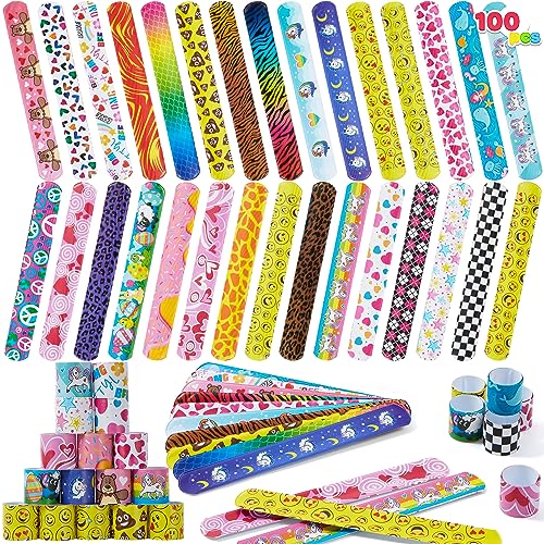 JOYIN 100 PCs Slap Bracelets Toys Valentines Day Party Favors (30 Designs) with Colorful Hearts Animal Emoji and Unicorn, Easter Basket Stuffers