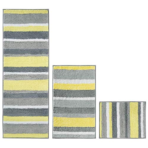Book Cover mDesign Striped Microfiber Polyester Spa Rugs for Bathroom Vanity, Tub/Shower - Water Absorbent, Machine Washable, Includes Soft Non-Slip Rectangular Accent Rug Mat in 3 Sizes - Set of 3 - Gray/Yellow