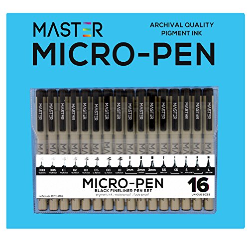 Set of 16 Black Master Markers Micro-Pen Fineliner Ink Pens - 16 Pens with Micro Fine Point, Chisel, Brush & Calligraphy Tip Nibs - Professional Technical Writing Drawing Pens - Artist Illustration