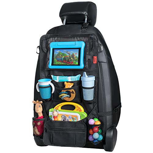 Car Back Seat Organizer with Larger Protection & Storage - 12 Compartments including iPad Holder, Reinforced Corners to Prevent Sag, Eco Friendly Materials - Great Travel Accessory for Kids