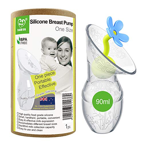 Haakaa Silicone Breast Pump with Flower Stopper 100% Food Grade Silicone BPA PVC and Phthalate Free (3.5oz/100ml) (Blue)