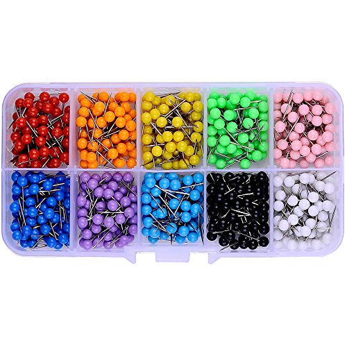 600 PCS Multi-color Push Pins Map tacks ,1/8 inch Round head with Stainless Point, 10 Assorted Colors (Each Color 60 PCS) in reconfigurable container for bulletin board, fabric marking
