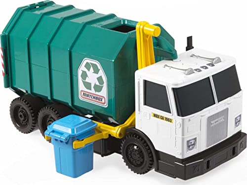 Book Cover Matchbox Cars, Large-Scale, 15-in Toy Recycling Truck with Garbage Bin, Lights and Sounds