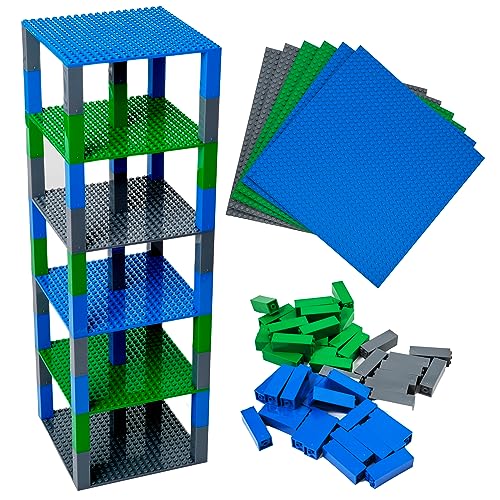 Strictly Briks Stackable Baseplates - Vertical Expansion with Stackable Brick Plates - Multi-Level Base Plate Organizer - Compatible with Lego - Pack of 6 Baseplates & 50 Connectors, 6x6 in