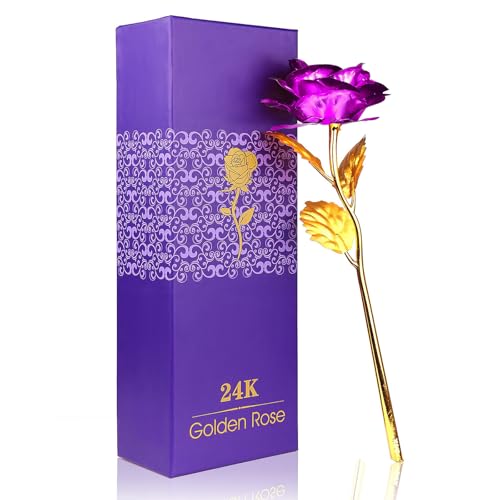 ALLOMN 24K Golden Rose, Plastic Long Stem Real Rose Dipped in Gold with Gift Box, Best Gift for Valentine's Day Mother's Day Christmas Birthday with Gift Box(Purple)
