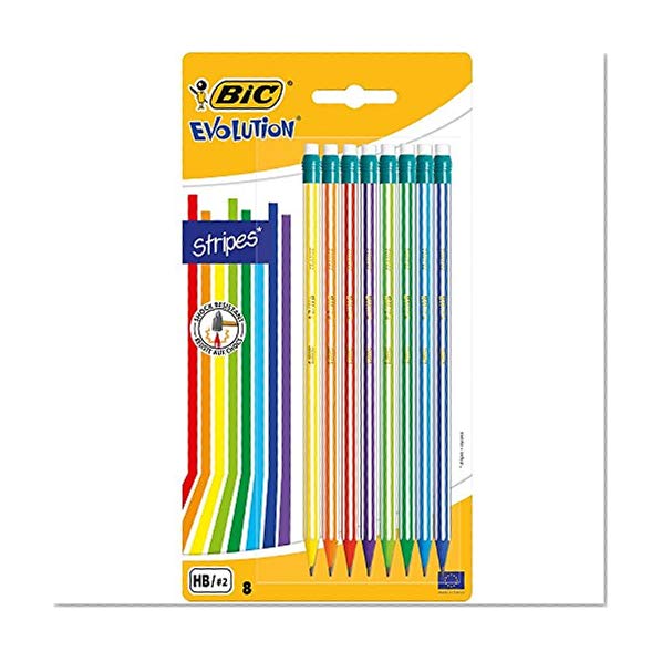 BIC Evolution Stripes avec Gomme Crayons à Papier HB avec Gomme Intégrée - Couleurs Assorties, Blister de 8