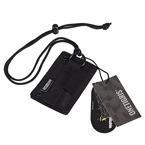 OneTigris Tactical ID Card Holder Hook & Loop Patch Badge Holder Neck Lanyard Key Ring and Credit Card Organizer (Black)