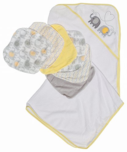 Book Cover Little Beginnings Elephant Print Hooded Towel and Washcloths Gift Set, Yellow