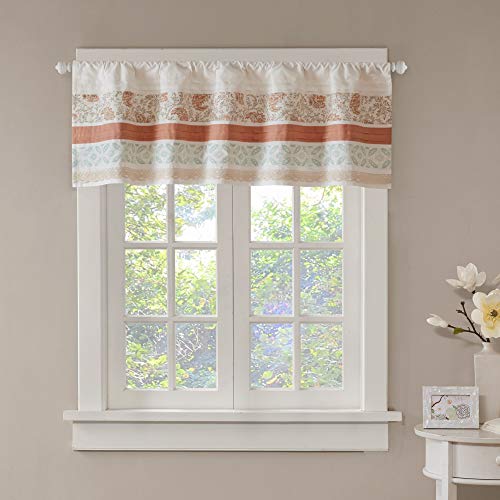 Book Cover Madison Park Dawn Window Valance Tier Set Printed and Pieced Short Drape Rod Pocket Finished Swag for Kitchen or Bathroom, 50x18, Coral