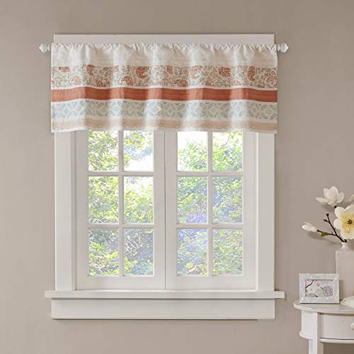 Madison Park Dawn Window Valance Tier Set Printed and Pieced Short Drape Rod Pocket Finished Swag for Kitchen or Bathroom, 50x18, Coral