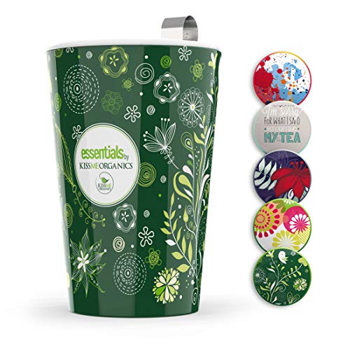 Steep & Strain Ceramic Tea Mug - Insulated Cup with Tea Infuser and 2 Lids - Travel Mug - Available in 5 Patterns