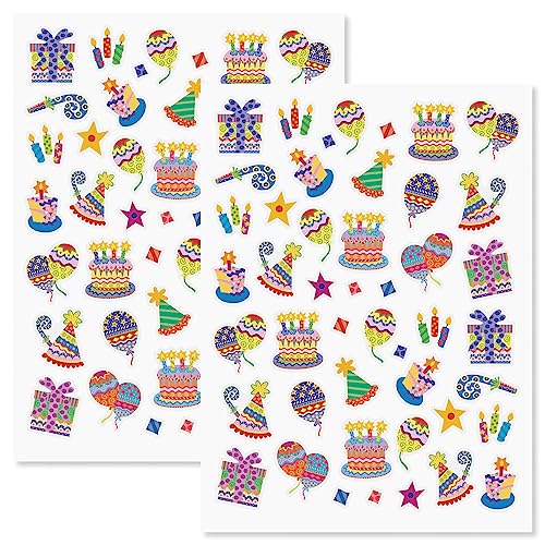 Colorful Celebration Birthday Party Stickers - Set of 92 on 2 Sticker Sheets, Happy Birthday Stickers, Birthday Party Stickers