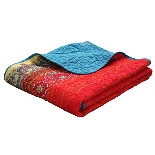 Exclusivo Mezcla Luxury Reversible 100% Cotton Paisley Boho Stripe Quilted Throw Blanket 60" x 50" Machine Washable and Dryable