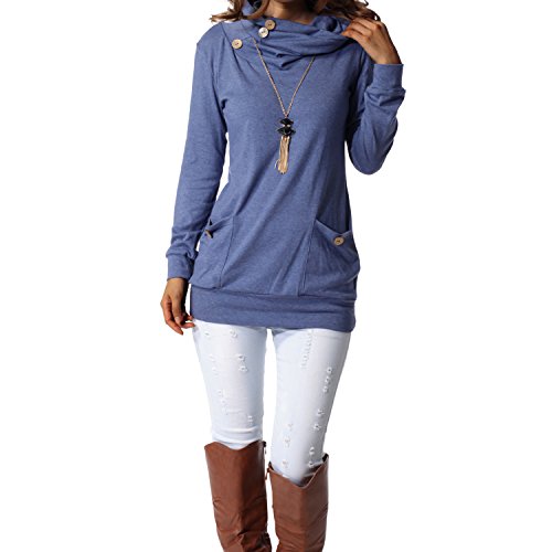 Levaca Womens Long Sleeve Button Cowl Neck Casual Slim Tunic Tops with Pockets