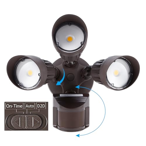 LEONLITE 30W 3-Head Motion Activated LED Outdoor Security Light, Photo Sensor, 3 Modes, 250W Halogen Equivalent, 3000K Warm White, Floodlight for Entryways, Patios, Decks, Stairs, Bronze