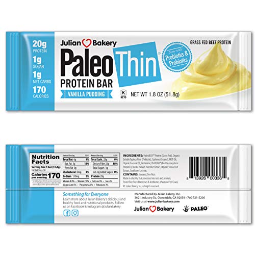 Julian Bakery Paleo Thin Protein Bar | Vanilla Pudding | Grass-Fed Beef | 20g Protein | 1 Net Carb | 12 Bars